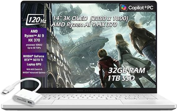 ASUS ROG Zephyrus G14 Gaming Laptop | 14" OLED 3K 120Hz G-SYNC 500 nit | AMD Ryzen AI 9 HX 370, | 32GB DDR5 1TB SSD | RTX 5070 Ti | Wi-Fi7 Backlit KB Win11 | Platinum White | w/USB Hub, W/GaLiMu