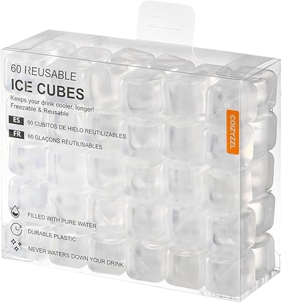 Reusable Ice Cubes - Quick Freeze Clear Plastic Square Ice cubes With Resealable Bag Pack Of 30/60 (60, Clear)