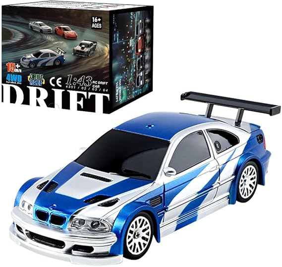 Remote Control Drift Car, 1:43 Mini Racing RC Drifting Auto Model with Lights Kit, Indoor Drift Vehicle Model Halloween Surprising for Adults (RTR Version/Blue White)