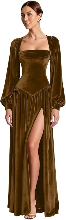 Long Sleeve Velvet Wedding Guest Dress Long A Line Prom Dress Square Neck Pleated Formal Dresses for Women