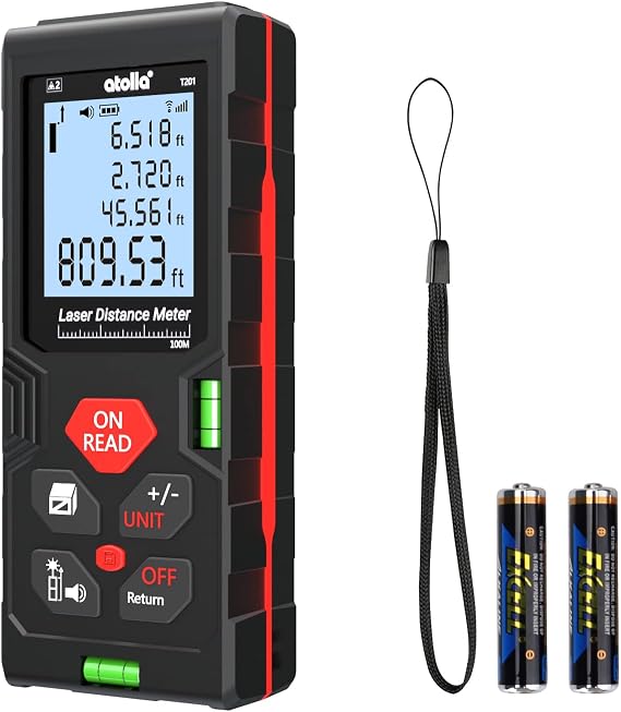 Laser Measure - atolla 328Ft Digital Laser Measurement Tool with Mute Function, 2 Bubble Levels, LCD Backlit, Pythagorean Mode, Measuring Distance/Area/Volume (M/in/Ft Unit Switching)