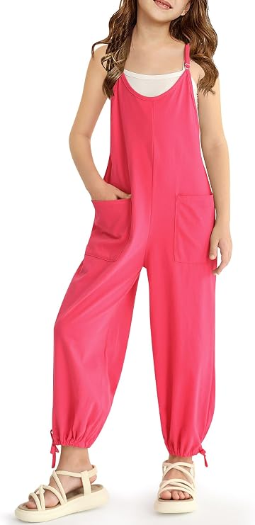 BesserBay Girls Sleeveless Adjustable Strap Long Pants Jumpsuit Drawstring Cuffs Romper with Pockets 5-14 Years