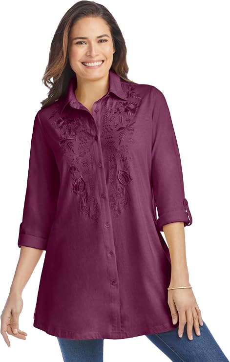 Woman Within Button-Front Embroidered Tunic