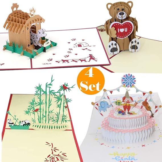 3D Birthday Pop Up Cards for Girls Boys, Dog, Panda, Bear, Clown Birthday Cake 3D Greeting Cards with Envelope for Birthdays, Thank You, All Occasions(4 Pack Assorted)
