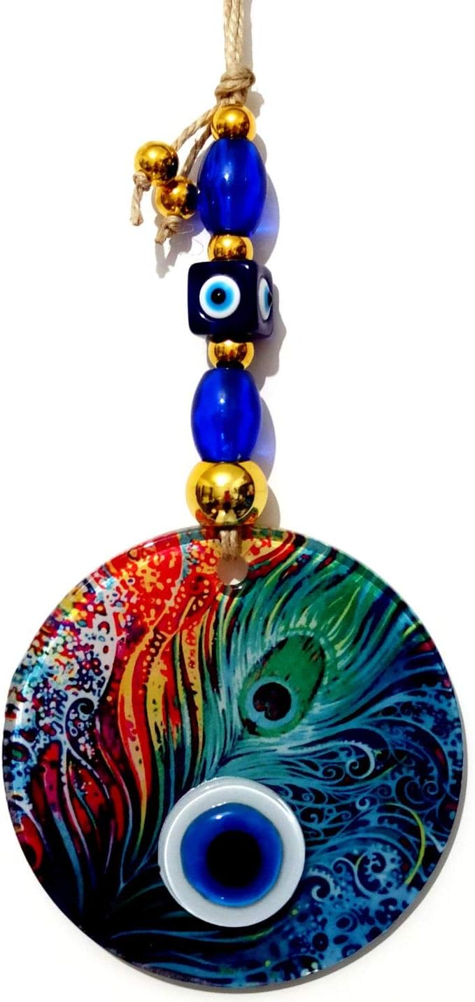 Fusion Glass Peacock Feather Pattern 12x12 Cm 12x30 Cm Handmade Wall Ornament Evil Eye with Evil Eye Beads