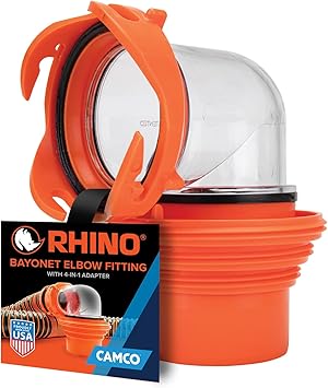 Camco RhinoFlex Clear RV Sewer Hose Elbow with 4-in-1 Adapter - Features a 360-Degree Fitting Rotation and Built-in Gasket for Odor-Tight Protection - Fits 4 Sizes of Dump Station Inlets (39736)