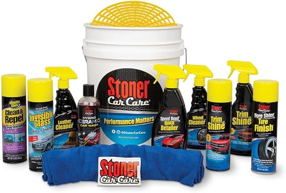 Stoner Car Care 99049 15-Piece Performance Essentials Complete Car Detailing Kit with Invisible Glass Cleaner, Microfiber Cloths, 5-Gallon Bucket, Wheel Cleaner and More Gift for Vehicle Enthusiasts
