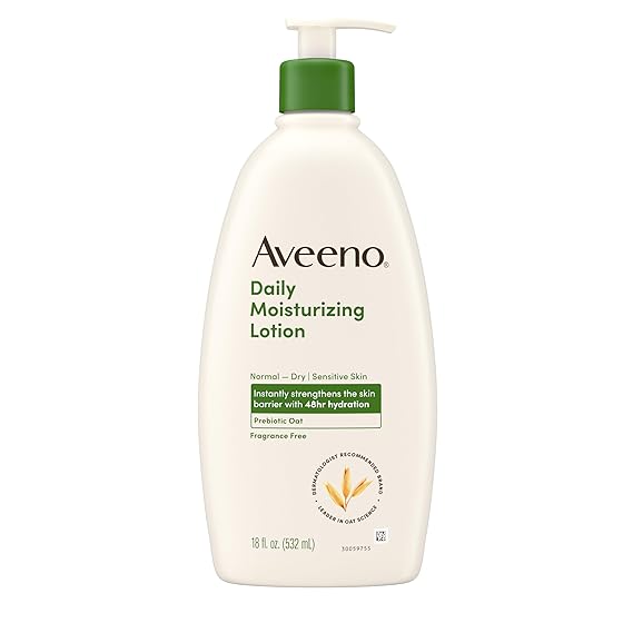 Aveeno Daily Moisturizing Body Lotion for Normal to Dry Skin, Moisturizer with Soothing Prebiotic Oat, Non Greasy, Non Comedogenic, Fragrance Free Body Lotion for Women & Men, 18 Fl Oz