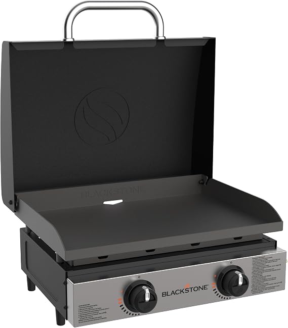 Blackstone 1813 Original 22" Tabletop Griddle with Hood | Blackstone 1813 Stainless Steel Front Plate, Powder Coated Steel, 2 Burner Propane Griddle