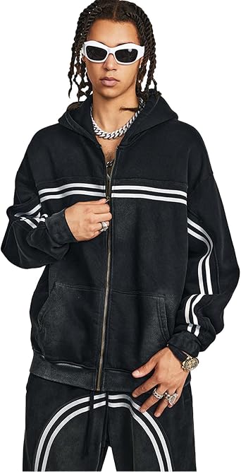 KEEPSHOWING Mens Zip Up Hoodie Oversized Acid Wash Heavyweight Fleece Cotton Contrasting Stripe Zipper Hoodie Vintage