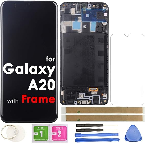 LCD Screen Replacement Touch Display Digitizer Assembly with Frame for Samsung Galaxy A20 2019 SM-A205F/DS A205FN A205GN/DS A205YN A205G/DS 6.4" (Black)