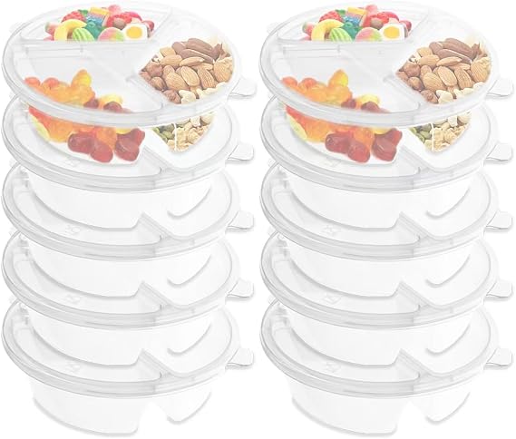 Three Compartment Snack Box With Lid,Snack Trays,Dip Container to Go,Reusable Snack Container,Disposable Box to Grab and Go with Prep For Adults.(10Pcs)