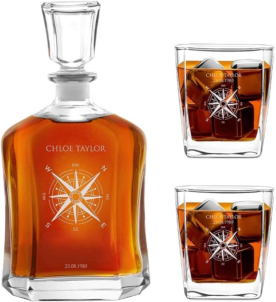 Maverton Whiskey carafe + 2 glasses with engraving - 23 fl oz. classical spirits decanter for her - 10 fl oz glasses for women - Whisky set - For Birthday - Personalized glassware - Wind Rose