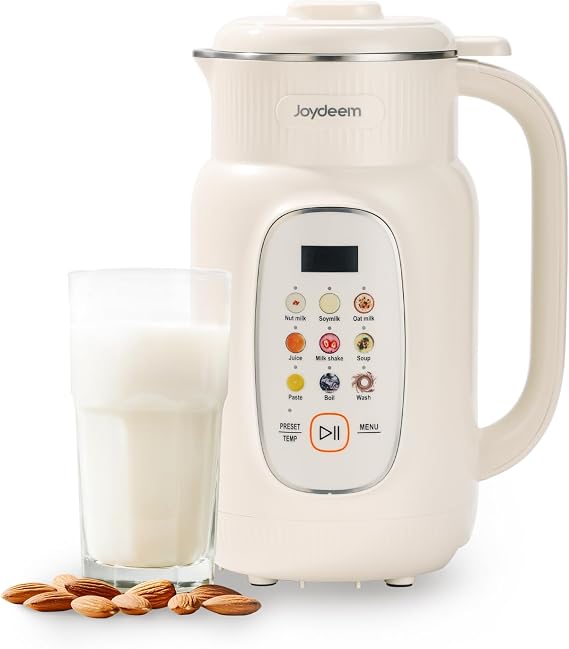 Joydeem Nut Milk Maker Machine,Adjustable Temperature Control, 46oz Almond, Soy, Oat, Coconut Plant-Based Non-Dairy Beverage Blender with 12 Blades, Auto Clean, Boil Water, Timer, Keep Warm, White