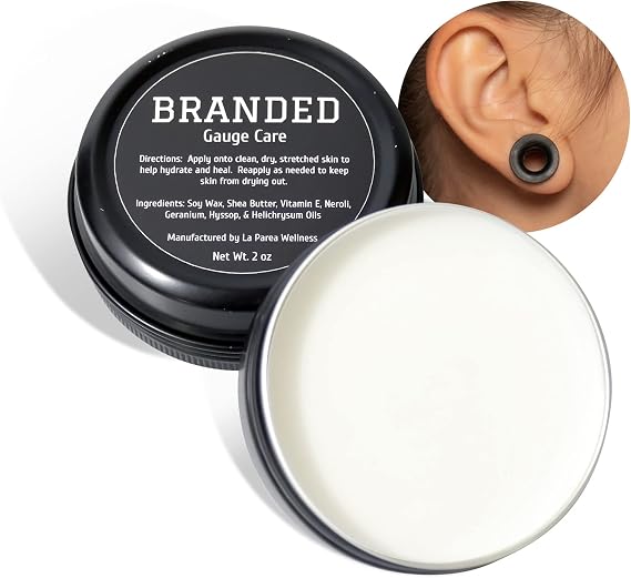 La Parea Wellness - Branded Gauge Aftercare, Soy Wax & Shea Butter Gauging Balm for Ears & Other Piercings, Hydrating Ear Stretching Balm w/Vitamin E, Piercing Care Essentials, 2 oz