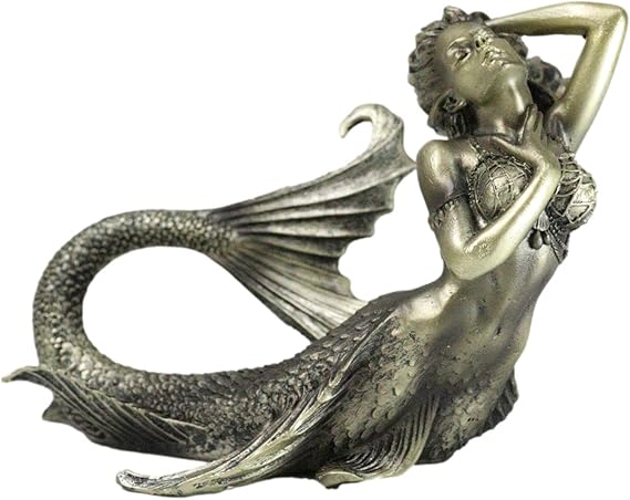 Ebros Gift Aged Bronze Resin Seductive Mermaid Siren with Fishnets Figurine 7" L Nautical Coastal Ocean Sea Decor Figurine Maidens of The Dark Waters Fantasy Sculpture