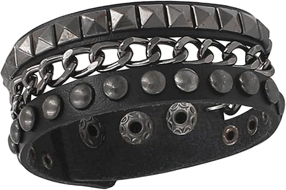 Punk Rock Faux Leather Rivet Spike Stud Bracelet, Gothic Biker Strap Cuff Buckle Wristband Bracelet for Men Women Girls Boys Hip Hop Unisex Jewelry Solid and Durable, Silver, No Gemstone