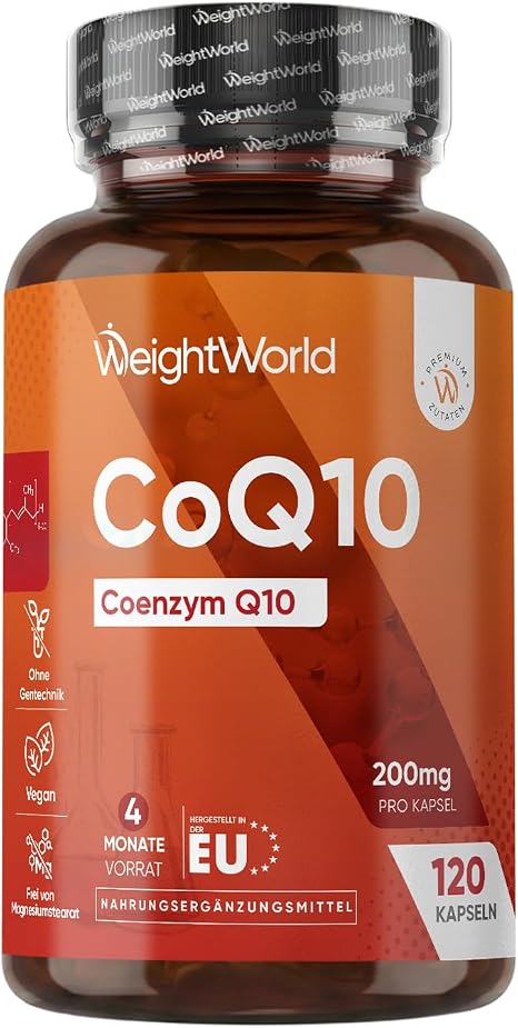 WeightWorld Coenzyme Q10-200 mg per Serving - 120 CoQ10 Capsules Aus Fermentation 4 Monate Vorrat 1 vegan Kapsel/Tag Frei von Magnesiumstearat & Gentechnik Q10 Coenzym (als Ubichinon)