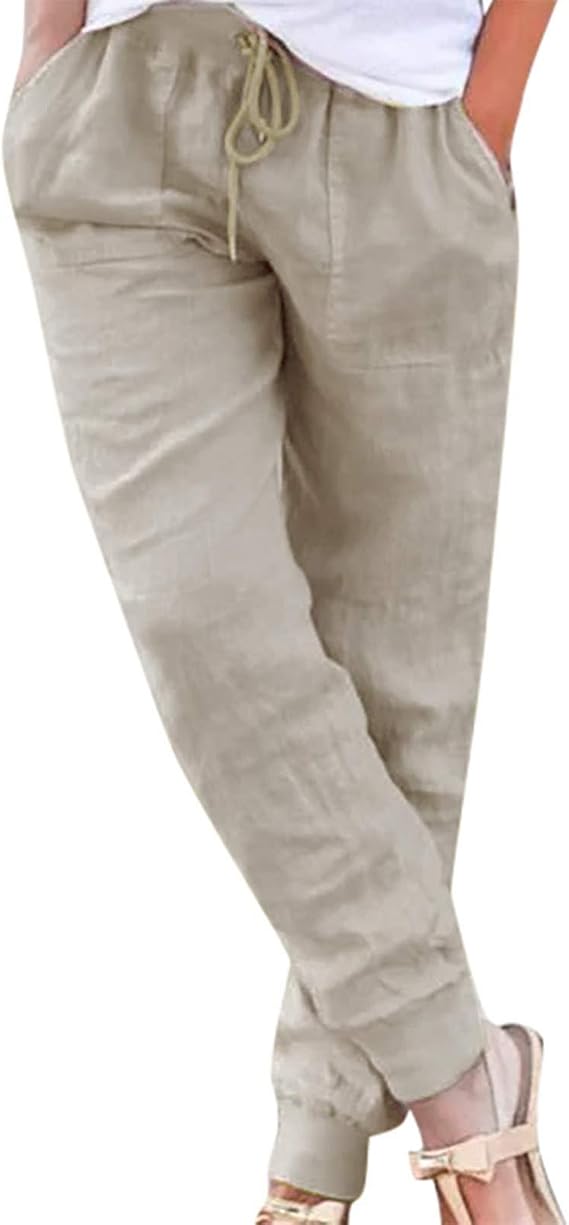 Women's Drawstring Elastic Knitted Waist Belted Pocketed Cuffed Pants Womens Fitted