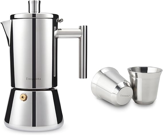 Easyworkz Diego Stovetop Espresso Maker, Bundled With Stainless Steel Espresso Cup 2pcs Set Double Wall Insulated Metal Demitasse Cups