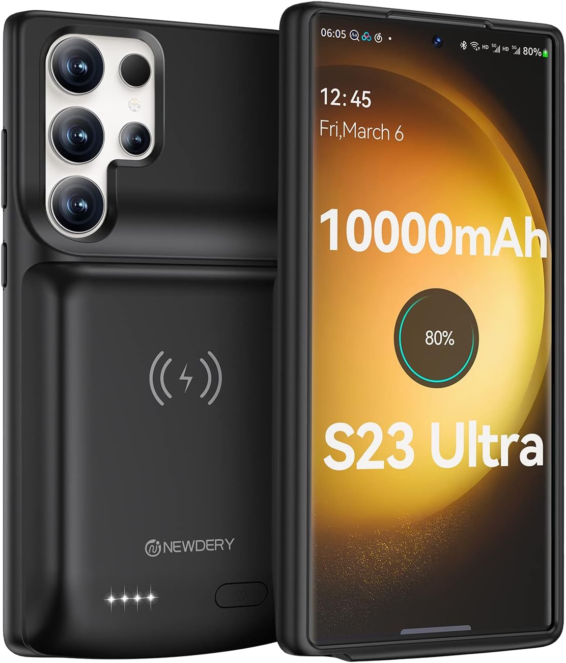 NEWDERY Battery Case for Galaxy S23 Ultra 10000mAh, Qi Wireless Charging, Fast Charging, Sync Data Supported, Powerful Portable Rechargeable Charger Case for Samsung S23 Ultra 5G 6.8 Black