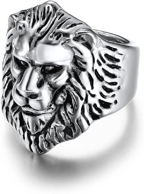 Animal Lion Head Ring, Rock Lion Ring for Men, Vikings Lion Ring Silver Lion Head Jewelry, Wild Lion Ring Gothic Lion Face Ring with Mane Punk Lion Amulet Ring for mens