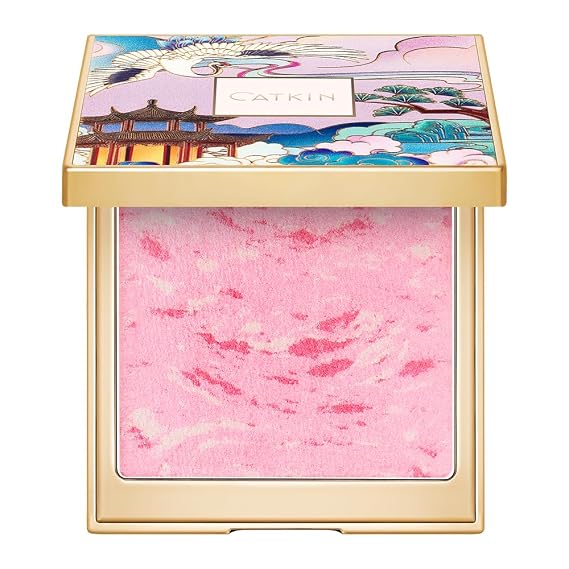 CATKIN Powder Blush for Cheek Blusher Natural Shimmering Blush & Highlight 2 in 1 Creamy Blendable Baked Blush Palette 10g C01 Drunk in Blossom