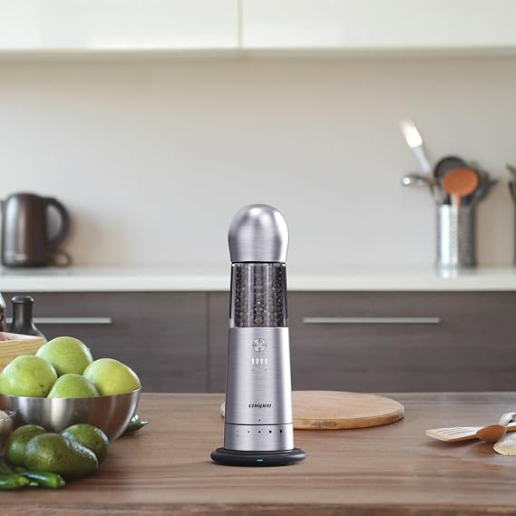 COSPRO Electric Grinder with Qi-Wireless Charging Base | Kitchen Gift | Rechargeable Automatic Spice Mill | Stainless Steel | One Hand Button Use | Adjustable Coarseness | Easy Clean