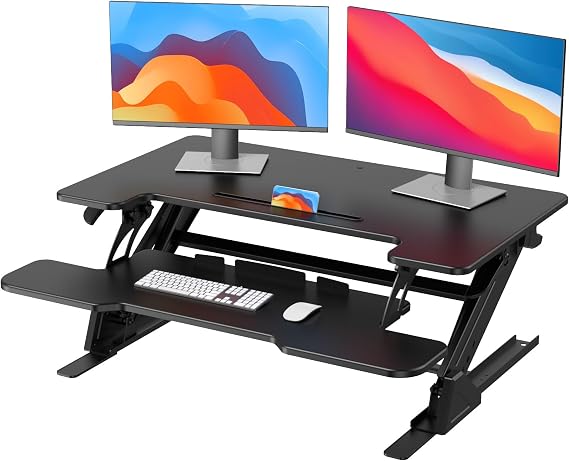 HUANUO 36" Z-Shaped Standing Desk Converter with Wide Keyboard Tray, Black