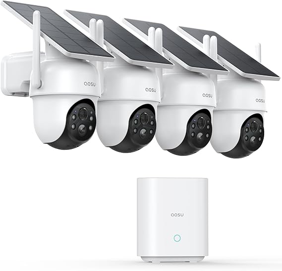 AOSU Security Cameras, Outdoor, Integrated Solar, Completely Wireless, with AOSU Base, 2.4G/5GHz WiFi Compatible, Automatic Tracking, Set of 4, Solar-Powered Surveillance Cameras, 3 Million Pixels