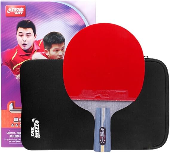 Double Happiness Table Tennis Racquet 4 Star R4002C/4006C, DHS 7 Ply Carbon Blade Pingpong Paddle with Red and Black Pims in Rubbers with Free Rubber Protective Films (R4006C-Short)