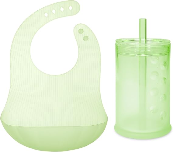 Olababy Silicone Training Cup with Straw Lid Bundle 9oz Kiwi Fold N Go Silicone Baby Bib w Travel Case (Kiwi)