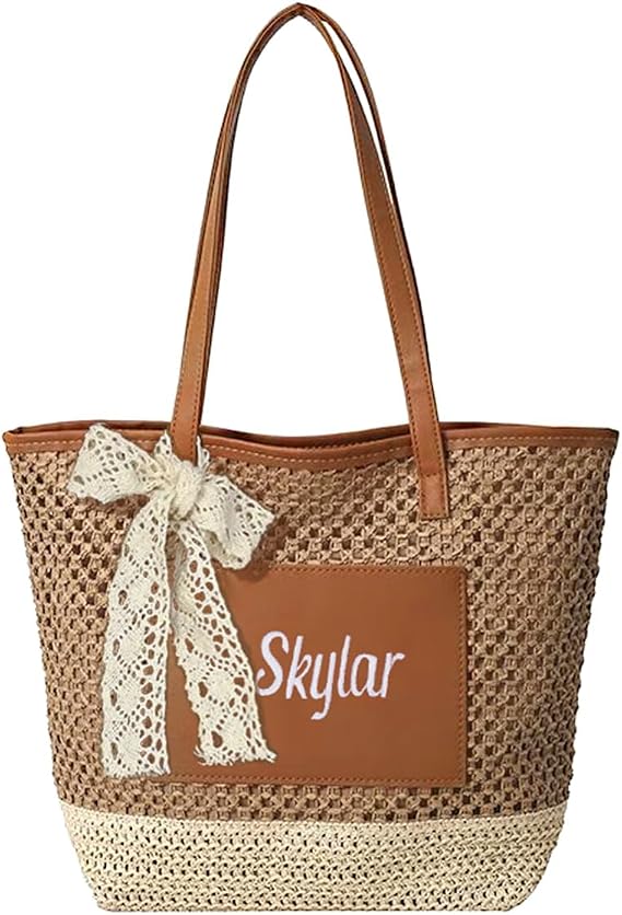 Personalized Straw Beach Bag for Women Custom Embroidered Tote with Lace Bow Large Lightweight Foldable Shoulder Bag