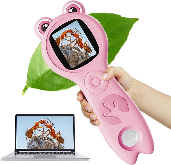 Microscope for Kids, Portable Digital Microscope with 500X Magnifying Glass, Handheld Camera Mini Pocket Magnification, Educational Christmas Birthday Gifts for Ages 4 5 6 7 8 9 10 11 12, Pink