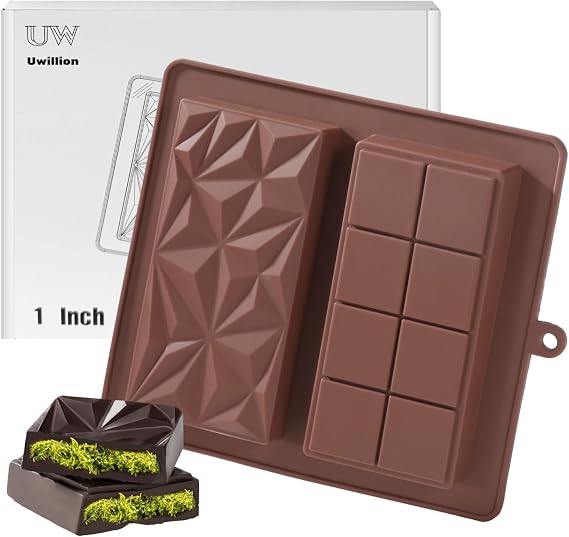 UWILLION Deep Chocolate Bar Mold Silicone 1 Inch Dubai Pistachio Chocolate Bar Thick Mold for Stuffed Bar, Large Candy Mould for Filling, Brown