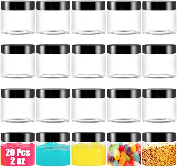 20 Pack 2 oz Clear Plastic Round Slime Containers,Empty Plastic Storage Jars with Black Lids,Refillable Storage Container for Slime,Cosmetic,Cream,Paint,Jewelry
