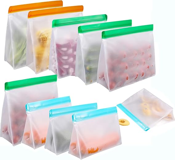 Reusable Ziplock Bags Silicone, 10 Pack Reusable Freezer Bags LeakProof, Seal Reusable Snack Bags for Kids - 2 Gallon + 4 Sandwich + 4 Snack Bags for Food Storage Meat Fruit Cereal | BPA Free
