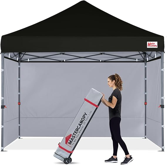 MASTERCANOPY 10x10 Heavy Duty Pop up Canopy Tent with Sidewalls, Black | One Person Set Up, Silver Coated Fabric,Waterproof & UV-Proof, 4 Sidewalls, Wheeled Bag, 3 Height Adjust, Market/Vendor/Event
