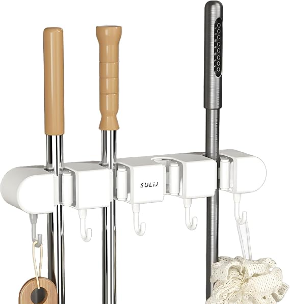 Wall-Mounted Broom & Mop Holder for Efficient Utility Room Storage Solutions,Kitchen，Garage， Bathroom ，Office，mop holder wall mounted， Garden Tool Rack Included!（4 Broom Rack 5 Hooks） (white)