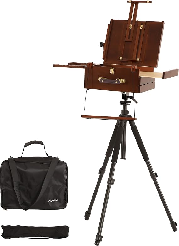 Portable Plein Air Easel, Pochade Box with Aluminum Tripod & 2 Nylon Carry Bags, French Tabletop & Floor Easel Stand for Painting, Displaying Outdoor, Travel Easel for Artist, Adult, Beginner