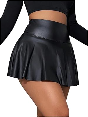 OYOANGLE Womens Pu Leather Elastic High Waist Skorts Ruffle Hem Casual Flared Skirt Shorts