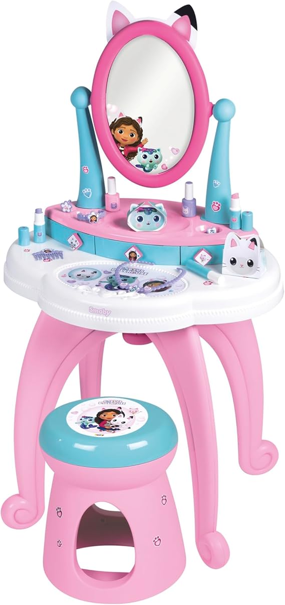 Smoby Gabby's Dollhouse 2 in 1 Dressing Table and Stool -12 Accessories Included - Adjustable Mirror - For Kids