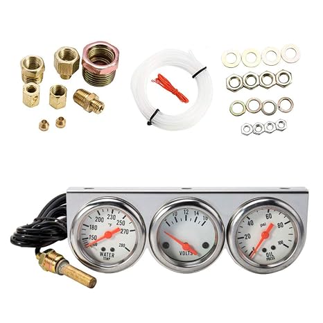 Triple Gauge Kit, 3 in 1 Car Oil Volt Water Gauge, Chrome Housing, White Face, Red Needles, 51mm Size, 100-280F Water Temp, 8-16V Volts, 0-100psi Oil Pressure