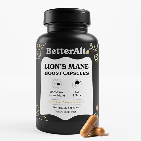 Better Alt Lions Mane Mushroom Capsules 1000 mg High-Potency 15:1 Extract | 100% Fruiting Body | Standardized to 30% Polysaccharides| Pure Nootropic Mushroom Supplement with No Fillers|120 Capsules