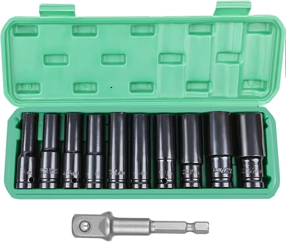 11pcs Long Nut Set 1/2 Inch Impact Wrench Set with Plastic Case Long Nut Set 10 12 13 14 15 16 17 19 22 24 mm 1/2 Inch Nut Set Long Nut Set 1/2 Inch
