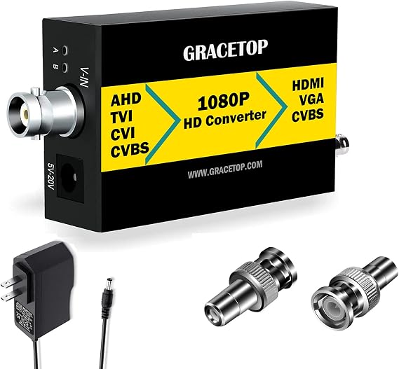 GRACETOP TVI/CVI/AHD to HDMI Converter Adapter, Full HD 4K 720P/1080P/3MP/4MP RCA to HDMI Video Converter for Monitor HDTV DVRs, 4-in-1 Composite CVBS TVI CVI AHD to HDMI VGA CVBS BNC
