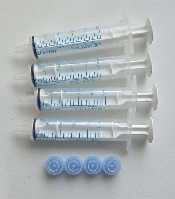 BAXA ExactaMed Oral Liquid Medication Syringe 5cc/5mL 4/PK Clear Medicine Dose Dispenser With Cap Exacta-Med BAXTER Comar Latex Free