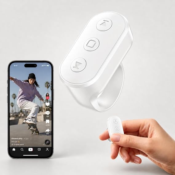 Bluetooth Scrolling Ring Remote, Finger Control for Phone, White