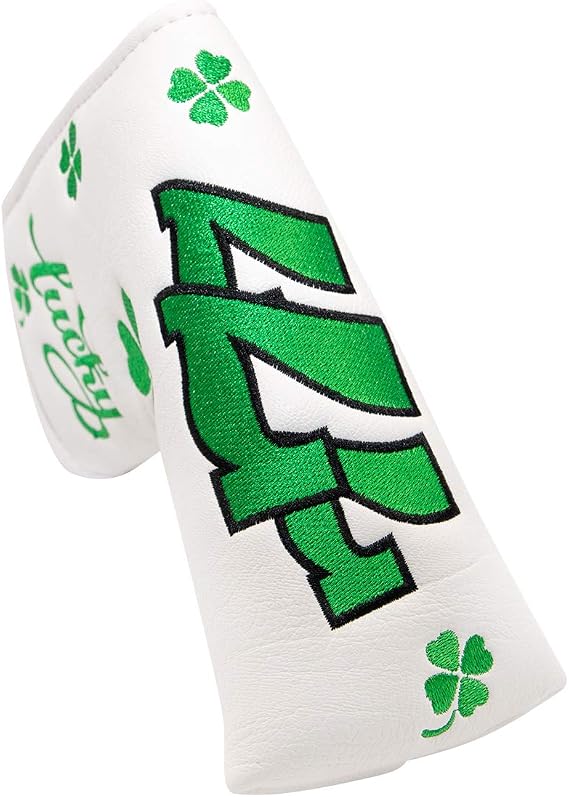 Lucky Green Clover Shamrock Golf Blade Putter Cover Headcover Club Protective Golf Accessories for Men,Soft Synthetic Leather,for Scotty Cameron,Odyssey,Taylormade in White