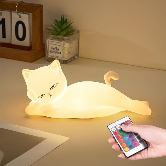Lying Cat Lamp Funny Gifts, 16 Colors+5 Dimming+Silicone Random Stuff, Touch+Remote+Recharge Night Light, Unique Cool Lamp,Cute Weird Stuff, Squishy Cat White Elephant Gifts for Women/Men/Teens/Kids